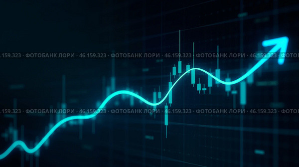 Абстрактный график фондового рынка с синими свечами, размытый фон. Стоковое AI-изображение, AI-художник Anna Leeva / Фотобанк Лори