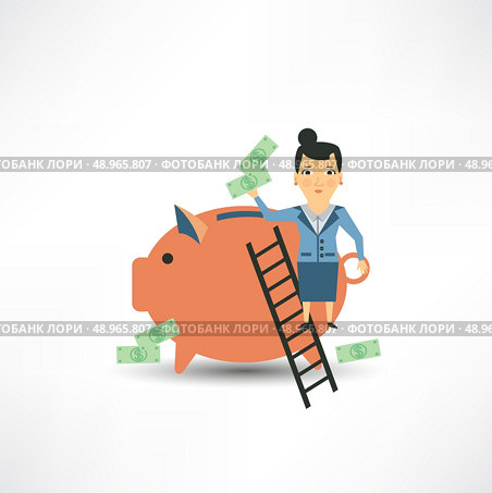 Accountant throws money into a pig . Стоковая иллюстрация, агентство Ingram Publishing / Фотобанк Лори