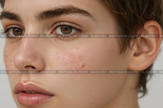 Acne on a teenager's face. Adolescent illness. Стоковое AI-изображение, AI-художник Александр Поташев / Фотобанк Лори