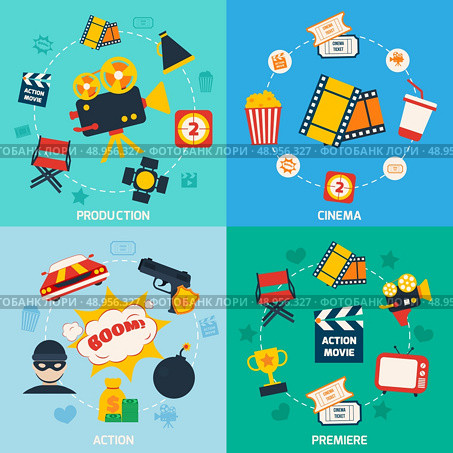 Action movie cinema production premiere flat compositions isolated vector illustration. Стоковая иллюстрация, агентство Ingram Publishing / Фотобанк Лори