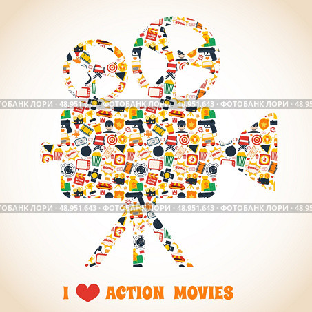 Action movie premiere cinema professional production camera concept vector illustration. Стоковая иллюстрация, агентство Ingram Publishing / Фотобанк Лори