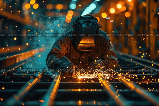 Activity, ai, around, atmosphere, background, between, blue, blurred, bright, but, clothes, cold, contrast, creating, design, dynamics, effect, emphasizing, engineering, entertainment, entire, equipment, face, fire, generated, glare, heat, hidden, high, him, his, hues, industrial, industry, intense, iron, job, labor, large, light, lights, lit, lot, manufacturing, mask, mechanics, metal, metallurgy, orange, process, professional, protecting, protective, safety, scene, shop, skill, smoke, sparks, structures, technologies, technology, there, under, vibrant, visible, warm, welder, welding, work, working, workplace, workshop, yellow. Стоковое AI-изображение, AI-художник Анна Кривицкая / Фотобанк Лори