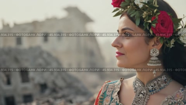 Actress wearing flower crown posing in front of ruins. Стоковое видео, видеограф Данил Руденко / Фотобанк Лори