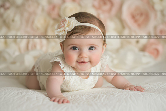 Adorable baby girl crawling on bed in soft natural light. Dressed in white with matching headband. Cozy home environment. Pure joy and innocence. Close-up. Warm tones. Lifestyle and family love. Стоковое AI-изображение, AI-художник Евгений Демидюк / Фотобанк Лори