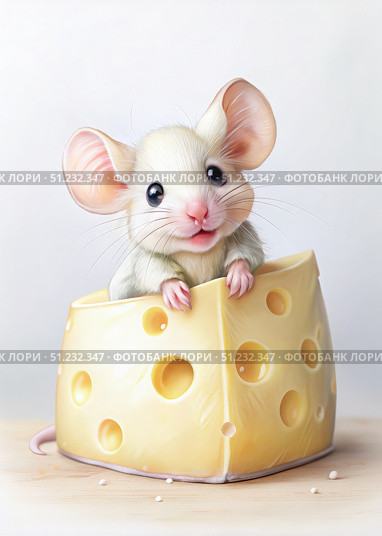 Adorable Chibi Mouse Peeking Out of a Large Cheese Wheel. Generative AI. Стоковое AI-изображение, AI-художник Roman Zavorotny / Фотобанк Лори