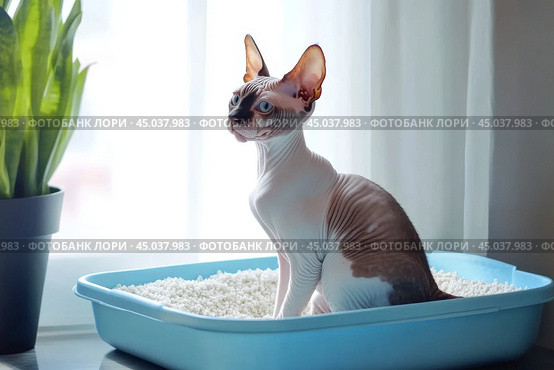 Adorable grey cat Devon Rex sitting inside a litter box. Pet care. Domestic Cat looking at litterbox in a living room. Hygiene for pets. Feline wants to go to the toilet. Accustoming to the toilet. Стоковое AI-изображение, AI-художник Марина Демидюк / Фотобанк Лори
