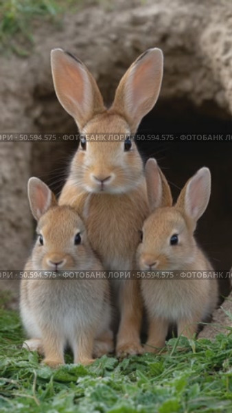 Adorable rabbit family posing near burrow. Стоковое AI-видео, аниматор Юрий Поздников / Фотобанк Лори