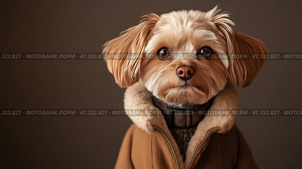 Adorable small dog wearing a stylish coat on a neutral background. Очаровательная маленькая собака в стильном пальто на нейтральном фоне. Стоковое AI-изображение, AI-художник Katsiaryna Repich / Фотобанк Лори