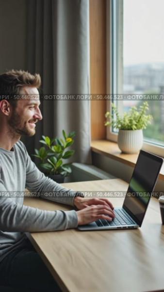 Adult modern age man, creative professional or office worker enjoys time at home. Work remotely during involuntary self isolation in quarantine. Comfortable workplace. Стоковое AI-видео, аниматор Sergey Grishin / Фотобанк Лори