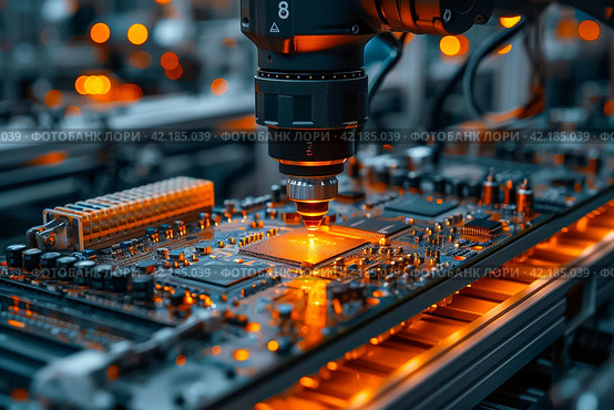 Advanced High Precision Robot Arms on Fully Automated PCB Assembly Line Inside Modern Electronics Factory. Electronic Devices Production Industry. Component Installation on Circuit Board. Стоковое AI-изображение, AI-художник Ирина Михайличенко / Фотобанк Лори