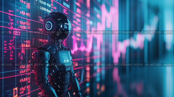 Advanced Robot Analyzing Stock Market Data In High-Tech Trading Environment. Стоковое AI-изображение, AI-художник Сергей Толмачёв / Фотобанк Лори