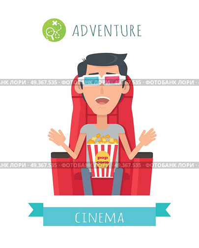 Adventure film concept. Excited man seating in comfortable chair with popcorn in cinema flat vector isolated on white. Cinemaddict on film premiere. Entertainment on 3D attraction. For movie promotion. Adventure Movie Flat Style Vector Concept. Adventure Movie Flat Style Vector Concept. Стоковая иллюстрация, агентство Ingram Publishing / Фотобанк Лори