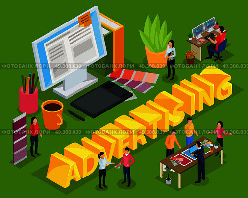 Advertising isometric composition on green background with staff of ad agency, work place of designer vector illustration. Advertising Isometric Composition. Стоковая иллюстрация, агентство Ingram Publishing / Фотобанк Лори