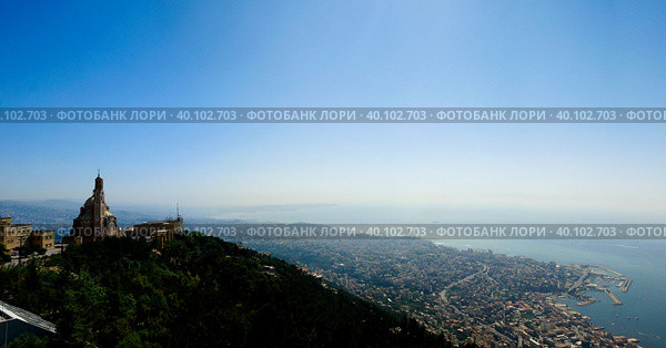 Aerial panoramic view to Basilica of Saint Paul near Harissa mount at Lebanon and Jounieh city and bay at Lebanon. Стоковое фото, фотограф Сергей Майоров / Фотобанк Лори