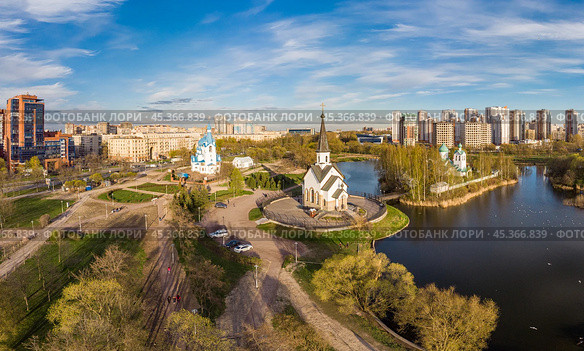 Aerial top View to St. George the Victorious Georgievskaya, Sergius Of Radonezh and Church Nativity of Christ and Srednerogatsky pond. Pulkovsky park. Saint Petersburg. Russia. Europe. Стоковое фото, фотограф Алексей Ширманов / Фотобанк Лори