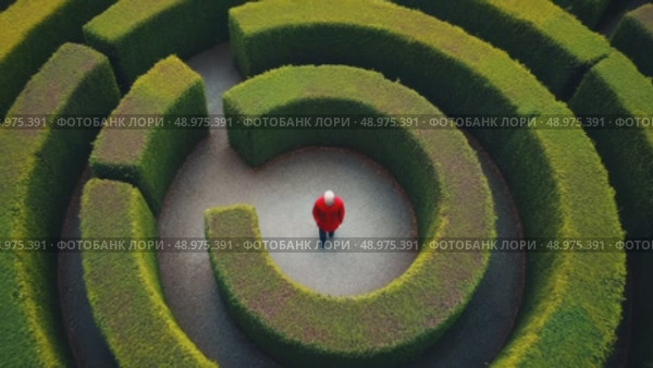 Aerial view of a green maze with a single red figure standing in the center. The maze features tall hedges and a circular path leading to the middle. Стоковое AI-видео, аниматор Ольга Невская / Фотобанк Лори