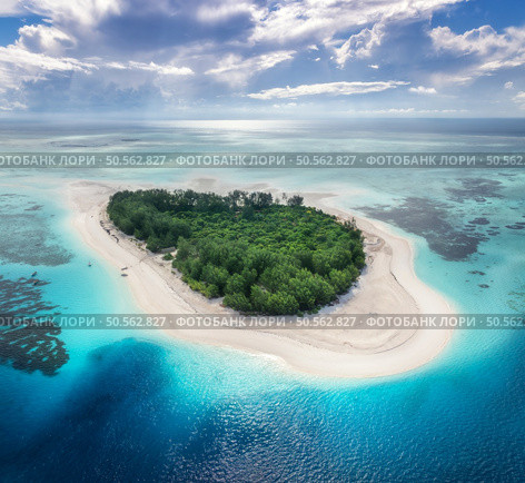 Aerial view of blue sea and amazing Mnemba island, Zanzibar. Top view of white sandy beach, green trees, palms, ocean with clear azure water on summer sunny day. Tropical landscape. Exotic. Travel. Стоковое фото, агентство Ingram Publishing / Фотобанк Лори