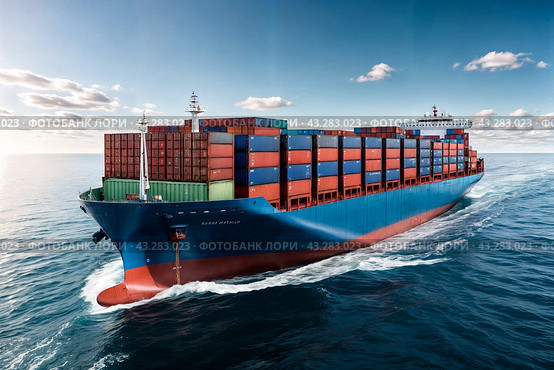 Aerial view of container ship sailing in open sea/ocean on skyline, daytime. Export freight transportation by container ship. Cargo shipping business logistics import concept. Copy ad text space. Стоковое AI-изображение, AI-художник Aleksandr Golubev / Фотобанк Лори