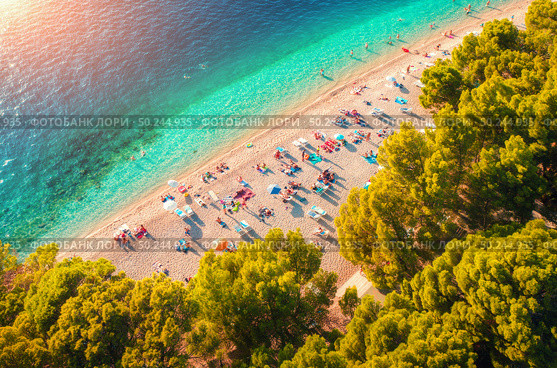 Aerial view of sandy beach with colorful umbrellas, lying people, clear sea bay with transparent blue water and green trees at sunny day in summer. Travel in Croatia, Adriatic sea. Top view. Seascape. Стоковое фото, агентство Ingram Publishing / Фотобанк Лори