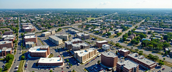 Aerial view of urban cityscape with tall buildings, residential neighborhoods, roads, and green spaces. Modern architecture and infrastructure. Busy streets and intersections in vibrant city scene. Стоковое AI-изображение, AI-художник Павел Муравьев / Фотобанк Лори