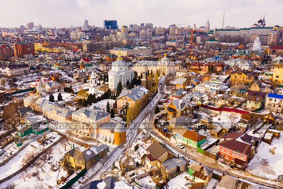 Aerial view of Voronezh historic district with Alekseev-Akatov Monastery. Стоковое фото, фотограф Яков Филимонов / Фотобанк Лори