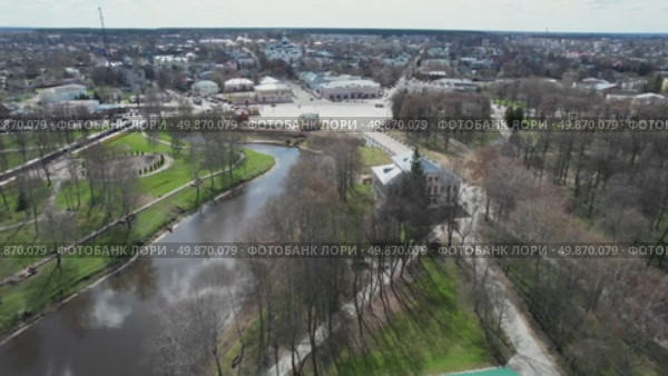 Aerial view Uglich city and Uglich Kremlin, the main attraction of the city. Point of interest. Стоковое видео, видеограф Василий Хомчин / Фотобанк Лори