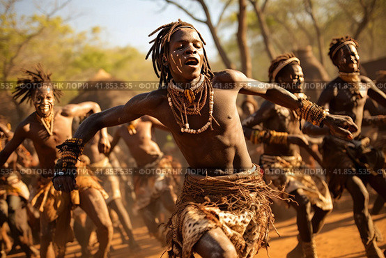 African aborigines with painted faces dance a national dance. Стоковое AI-изображение, AI-художник Irina Kuchugurina/Gaudy / Фотобанк Лори