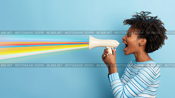 African american woman holding a megaphone and yelling loudly into it to amplify her voice. Стоковое AI-изображение, AI-художник Данила Большаков / Фотобанк Лори