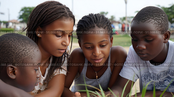 African children collaborating on a group project outdoors, learning with nature as a backdrop, clear sky. Black African children from disadvantaged families study in school, read books, receive primary education, volunteer service. Стоковое AI-изображение, AI-художник ALLA YURTAYEVA / Фотобанк Лори