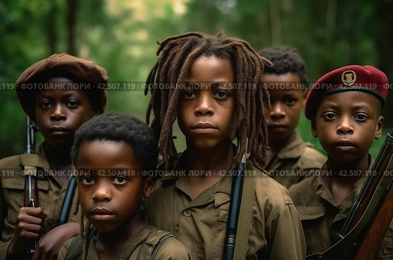 African children soldiers in military uniform. Generate ai. Стоковое AI-изображение, AI-художник Иван Рябоконь / Фотобанк Лори