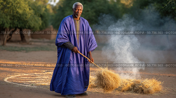 African farmer burning hay in rural village during sunset. Стоковое AI-изображение, AI-художник Юрий Поздников / Фотобанк Лори
