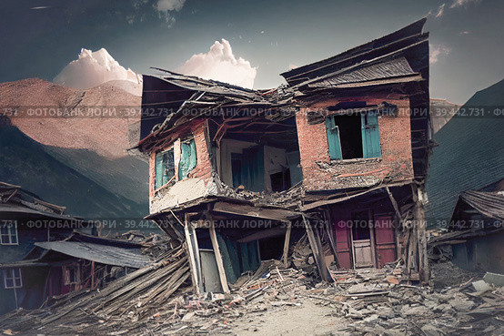Aftermath of a devastating earthquake in a mountain village in either Syria or Turkey. The once-picturesque landscape is now littered with the ruins of homes, their walls crumbled and roofs caved in. Стоковое AI-изображение, AI-художник Владимир Разгуляев / Фотобанк Лори