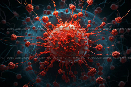 Aggressive cancer cell multiplying and spreading through the body. Стоковое AI-изображение, AI-художник Иван Рябоконь / Фотобанк Лори