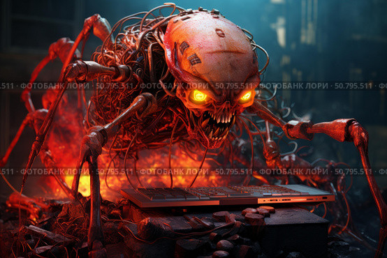 Aggressive cyborg spider invading computer system in burning room. Стоковое AI-изображение, AI-художник Иван Рябоконь / Фотобанк Лори