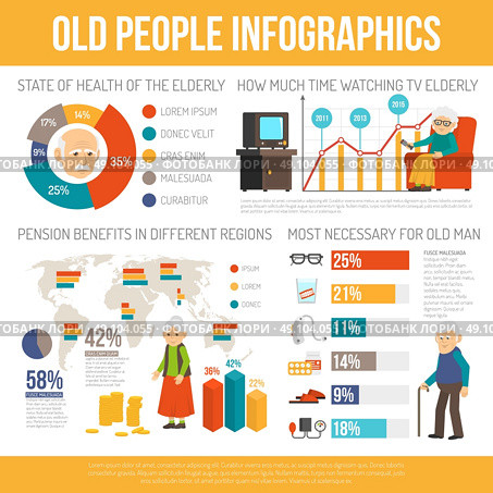 Aging People Life Flat Infographic Banner . Old age benefits personal assistance and life expectancy  infographic report poster with diagrams flat abstract vector illustration . Стоковая иллюстрация, агентство Ingram Publishing / Фотобанк Лори