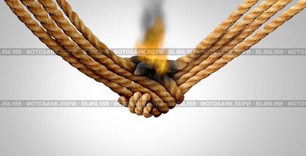 Agreement failure and Business deal fail concept as two hands made of rope in a handshake on fire as a corporate relationship or business crisis and breaking a friendship symbol with 3D illustration elements.. Стоковое фото, агентство Ingram Publishing / Фотобанк Лори