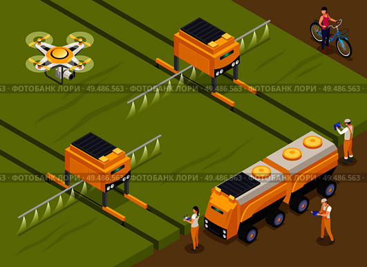 Agricultural automated robots fertilizing and spraying pesticides on crops with monitoring area drone isometric composition vector illustration. Стоковая иллюстрация, агентство Ingram Publishing / Фотобанк Лори