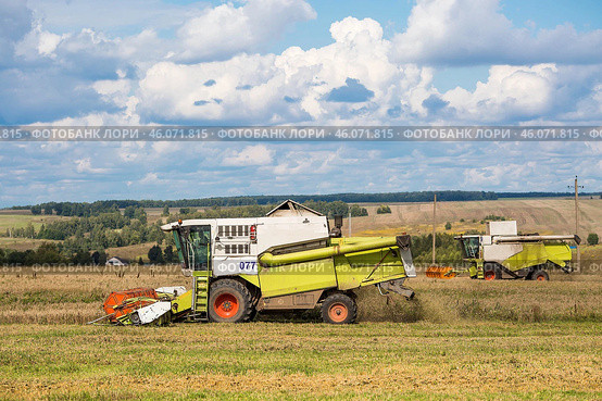 Agricultural industry. A combine harvester harvests from the field. The concept of processing and collection . Rural landscape. Agricultural machinery. Стоковое фото, фотограф Photojuli / Фотобанк Лори