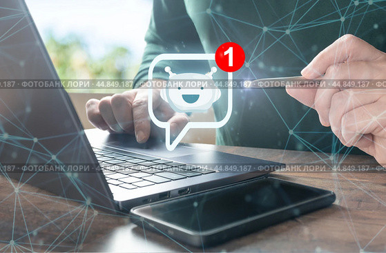 AI chat bot chat with businessman provide smart solution to solving business task. Artificial Intelligence power answer engine offer smart response conversation data to assist user accomplishment. Стоковое фото, фотограф Павел Муравьев / Фотобанк Лори