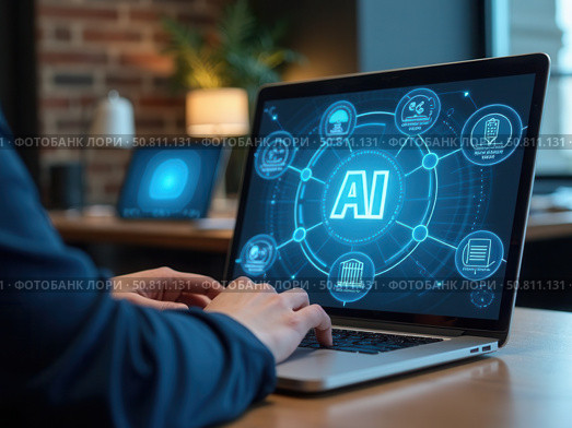 AI Ethics and Governance in Artificial Intelligence. A person working on laptop with icons representing ethics, law, and governance in AI, importance of responsible AI usage, ethic problems. Стоковое AI-изображение, AI-художник Sergey Grishin / Фотобанк Лори