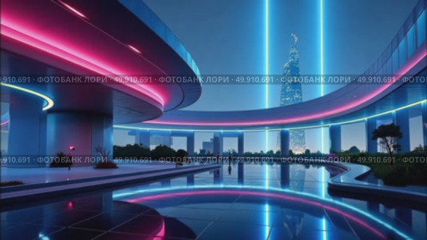 AI Generative Retrofuturism interior of the building, free space street city. Стоковое AI-видео, аниматор Spirit River / Фотобанк Лори