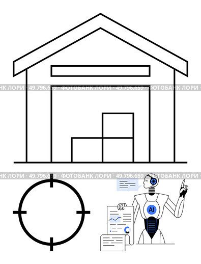 AI robot analyzing reports, targeting a warehouse with stacked boxes. Ideal for logistics, supply chain management, AI technology, data analysis, warehousing, automation innovation. Line metaphor. AI Robot Analyzing Data and Targeting Warehouse Operations for Efficient Logistics Solutions. Стоковая иллюстрация, агентство Ingram Publishing / Фотобанк Лори
