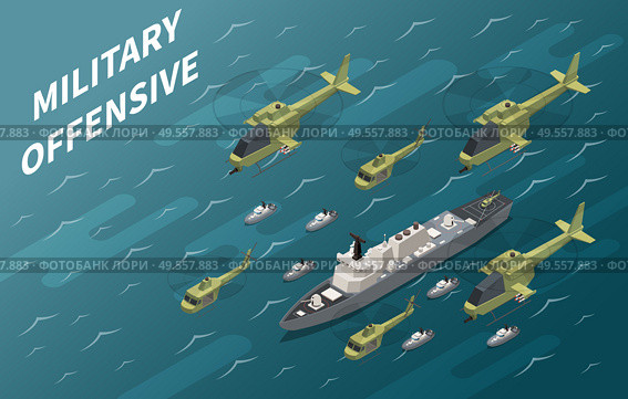 Air forces military offensive operation using aircrew and naval enforcement isometric composition ocean background vector illustration. Стоковая иллюстрация, агентство Ingram Publishing / Фотобанк Лори