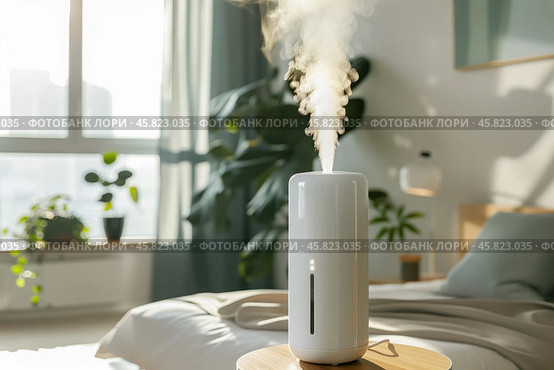 Air humidifier in a bright, modern bedroom with houseplants. Shallow depth of field. Стоковое AI-изображение, AI-художник Михаил Строгалев / Фотобанк Лори