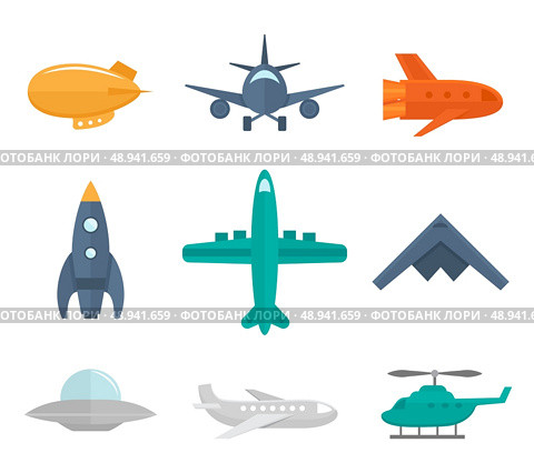 Aircraft icons flat set of zeppelin aircraft war fighter isolated vector illustration. Стоковая иллюстрация, агентство Ingram Publishing / Фотобанк Лори