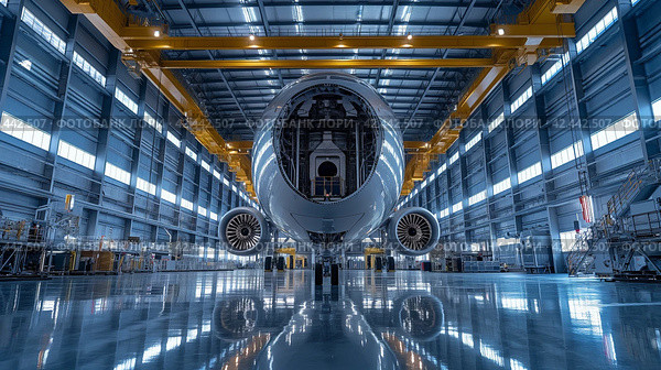 Airplane Assembly in Hangar. Стоковое AI-изображение, AI-художник Кирилл Черезов / Фотобанк Лори
