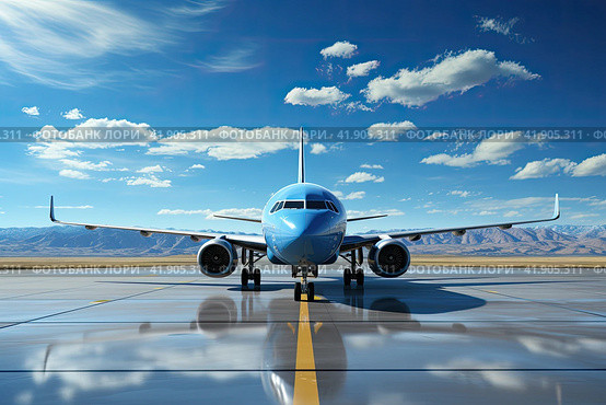 Airplane parked at the airport. Runway at the airport and the plane flies and landing. Стоковое AI-изображение, AI-художник Ирина Михайличенко / Фотобанк Лори