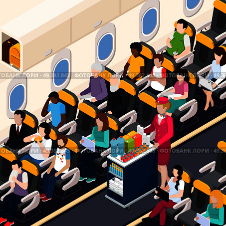 Airplane passengers and crew isometric composition with food and drinks symbols vector illustration. Airplane Passengers Composition . Стоковая иллюстрация, агентство Ingram Publishing / Фотобанк Лори