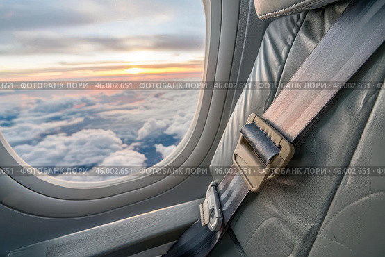 Airplane seat belt fastened with beautiful sunset view from window. Стоковое AI-изображение, AI-художник Иван Рябоконь / Фотобанк Лори