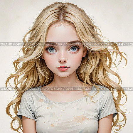 Акварель. Портрет милой  красивой девушки. Watercolor. Portrait of a cute beautiful girl. Стоковое AI-изображение, AI-художник Гер Олег / Фотобанк Лори